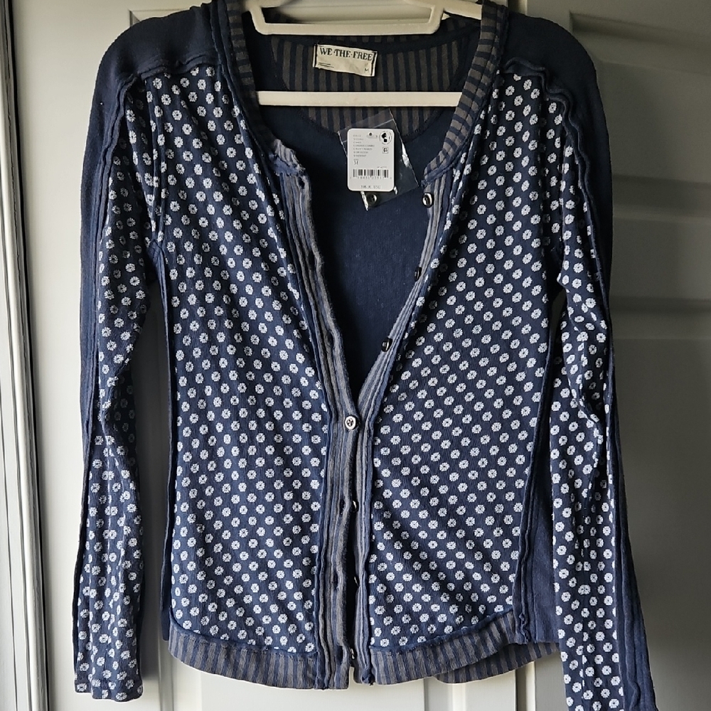 Free People Navy Polka Dot Cardigan